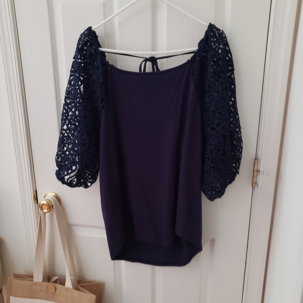 Chic Navy Crochet Sleeve Women's Blouse